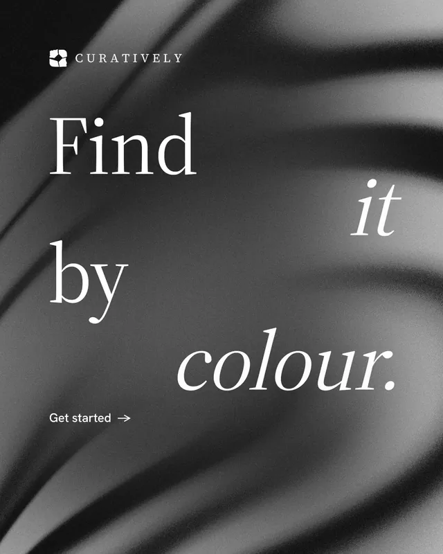 Instagram portrait post for Curatively: "Find it by colour." Minimal luxury style, stacked layout, dark palette in black, grey.