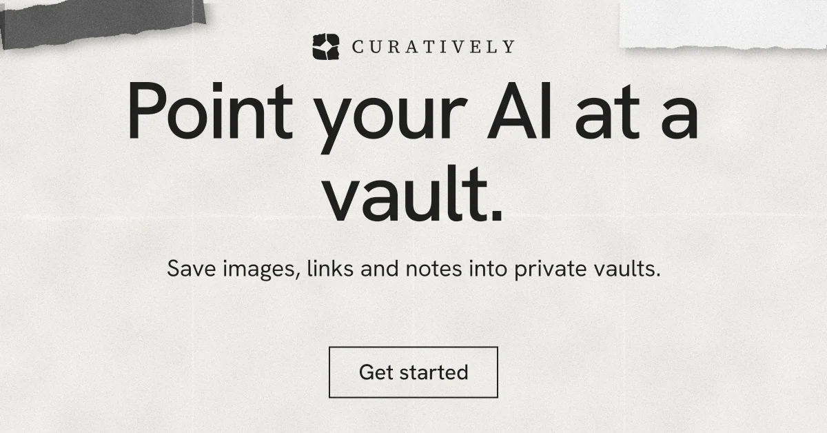 Social ad for Curatively: "Point your AI at a vault." Editorial style, centred layout, light palette in white, grey.