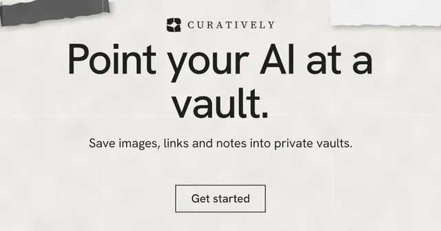 Social ad for Curatively: "Point your AI at a vault." Editorial style, centred layout, light palette in white, grey.