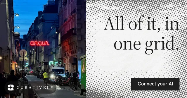 Social ad for Curatively: "All of it, in one grid." Split block style, right layout, light palette in purple, grey, white.