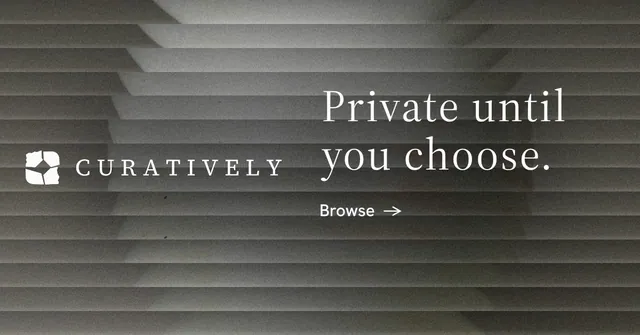 Social ad for Curatively: "Private until you choose." Minimal luxury style, logo hero layout, dark palette in grey, black.