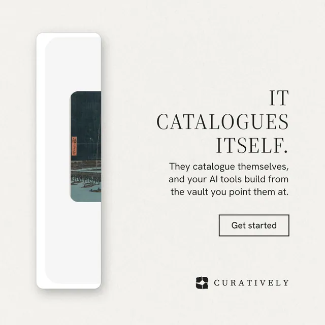 Instagram post for Curatively: "It catalogues itself." Editorial style, right layout, light palette in white, grey.