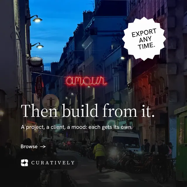 Instagram post for Curatively: "Then build from it." Minimal luxury style, sticker layout, dark palette in black, blue, grey.