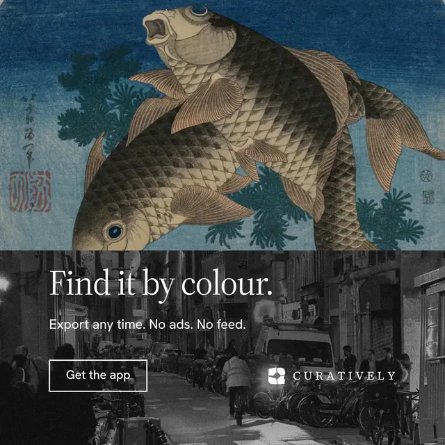 Instagram post for Curatively: "Find it by colour." Editorial style, bottom layout, dark palette in blue, black, grey.