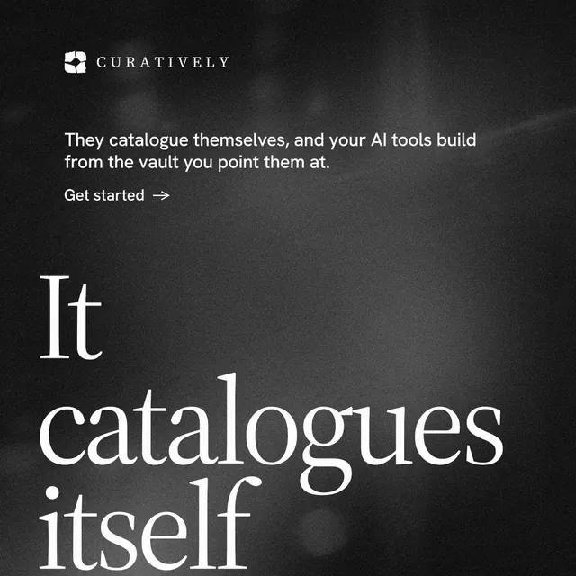 Instagram post for Curatively: "Find it by colour." Minimal luxury style, oversized layout, dark palette in black, grey.