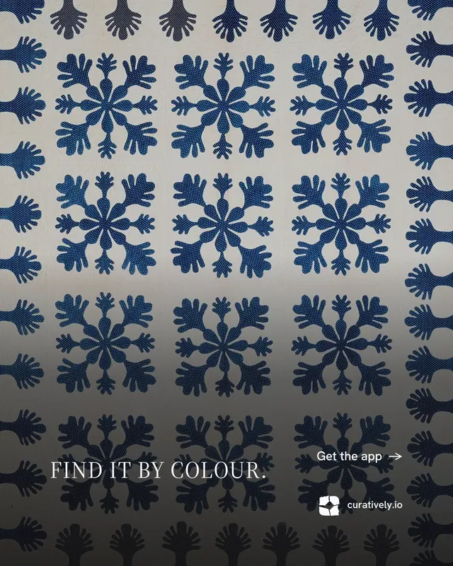 Instagram portrait post for Curatively: "Find it by colour." Minimal luxury style, image led layout, dark palette in grey, black, blue.