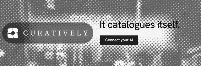X header for Curatively: "It catalogues itself." Swiss style, logo hero layout, light palette in grey.