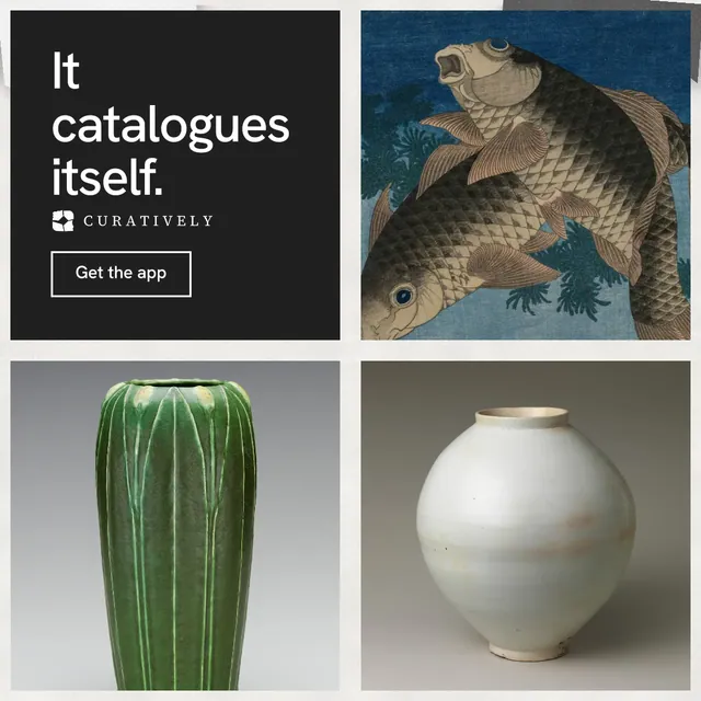 Instagram post for Curatively: "It catalogues itself." Editorial style, collage layout, light palette in white, black, grey.