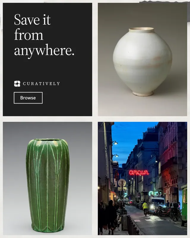 Instagram portrait post for Curatively: "Save it from anywhere." Editorial style, collage layout, dark palette in black, grey, white.