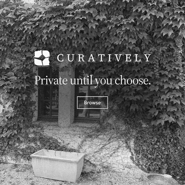 Instagram post for Curatively: "Private until you choose." Editorial style, logo hero layout, dark palette in grey, black.