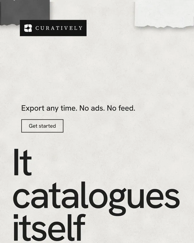 Instagram portrait post for Curatively: "Keep a vault for each thing you make." Editorial style, oversized layout, light palette in white, grey.