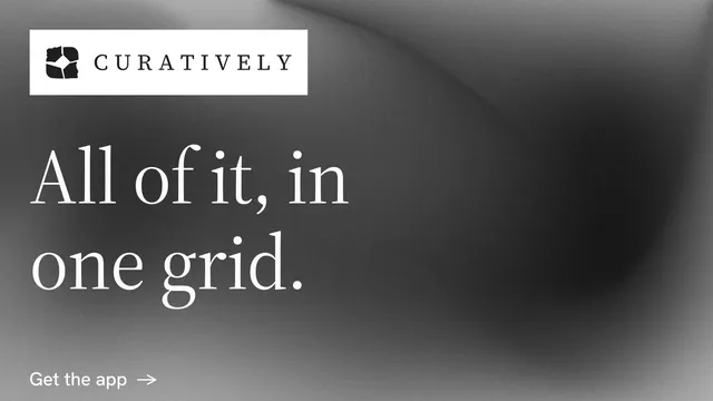 Landscape graphic for Curatively: "All of it, in one grid." Minimal luxury style, announce layout, dark palette in grey, black.