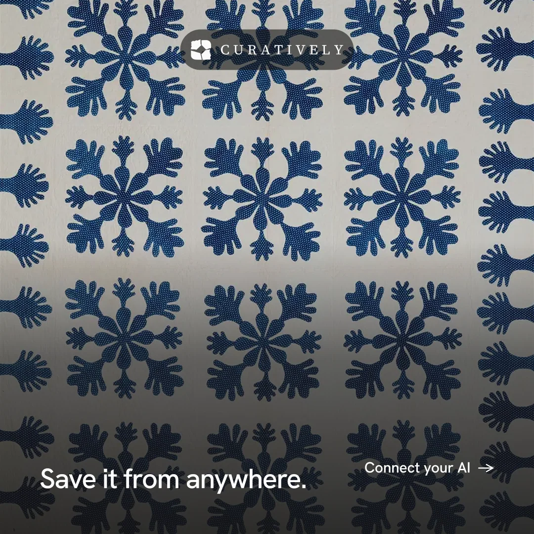 Instagram post for Curatively: "Save it from anywhere." Swiss style, image led layout, dark palette in grey, blue.