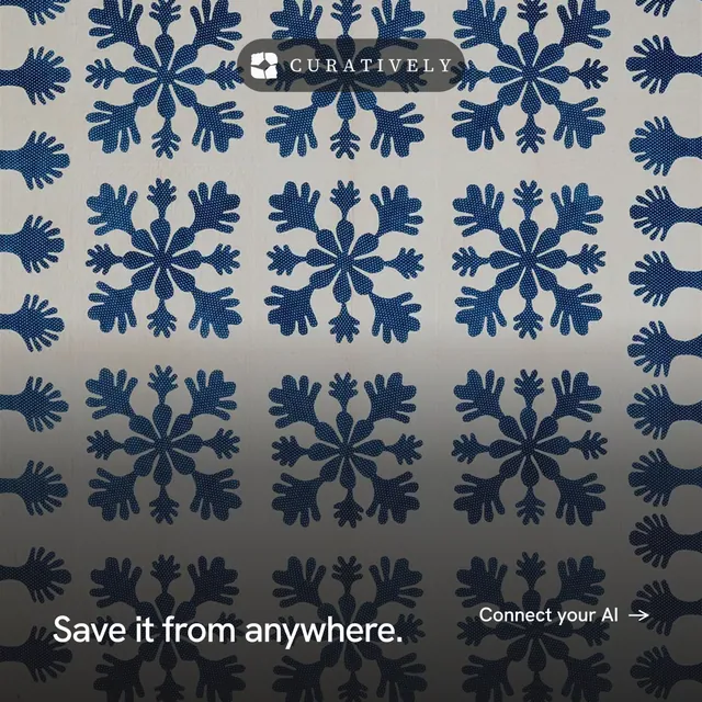Instagram post for Curatively: "Save it from anywhere." Swiss style, image led layout, dark palette in grey, blue.