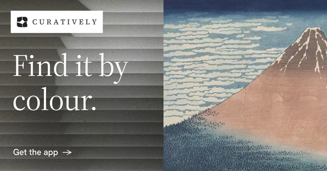 Social ad for Curatively: "Find it by colour." Minimal luxury style, bottom layout, light palette in grey.