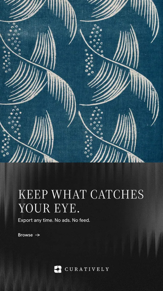 Instagram story for Curatively: "Keep what catches your eye." Minimal luxury style, bottom layout, dark palette in black, blue, grey.