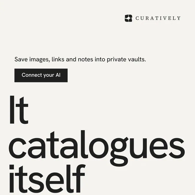 Instagram post for Curatively: "Then build from it." Swiss style, oversized layout, light palette in white, grey.
