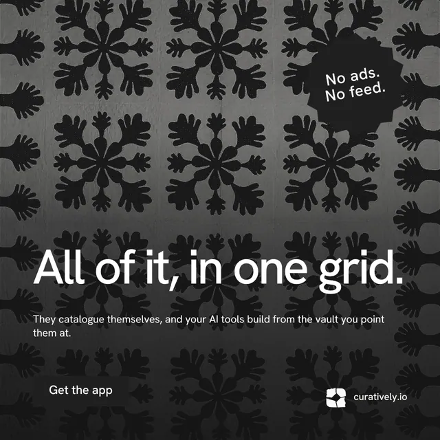 Instagram post for Curatively: "All of it, in one grid." Swiss style, sticker layout, dark palette in grey, black.