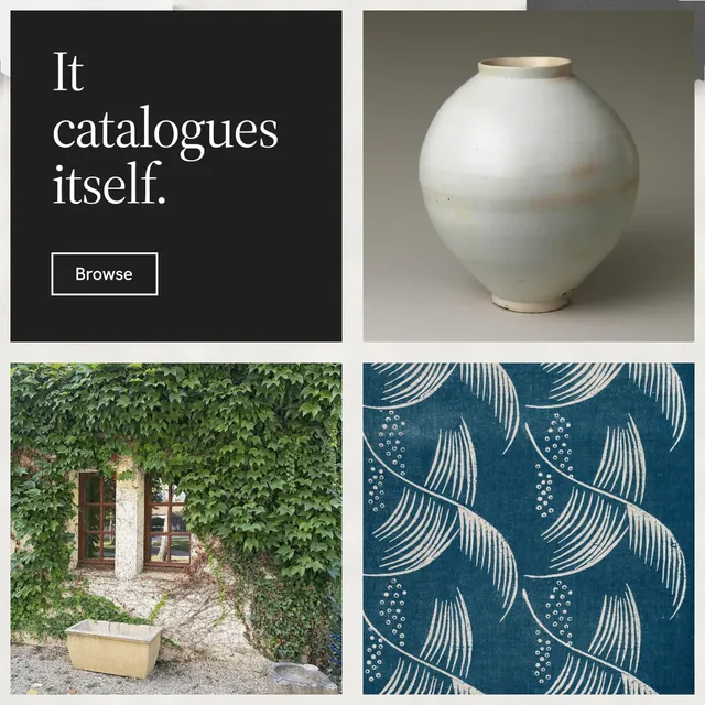 Instagram post for Curatively: "It catalogues itself." Editorial style, collage layout, light palette in grey, black, white.