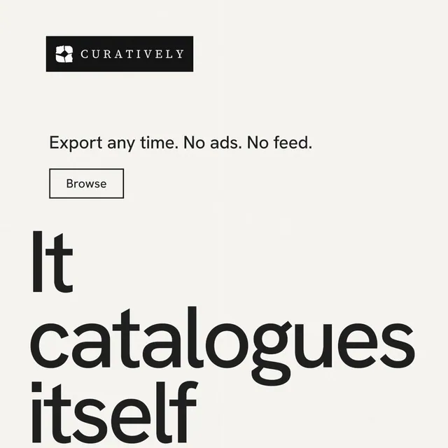 Instagram post for Curatively: "Keep a vault for each thing you make." Editorial style, oversized layout, light palette in white, grey.