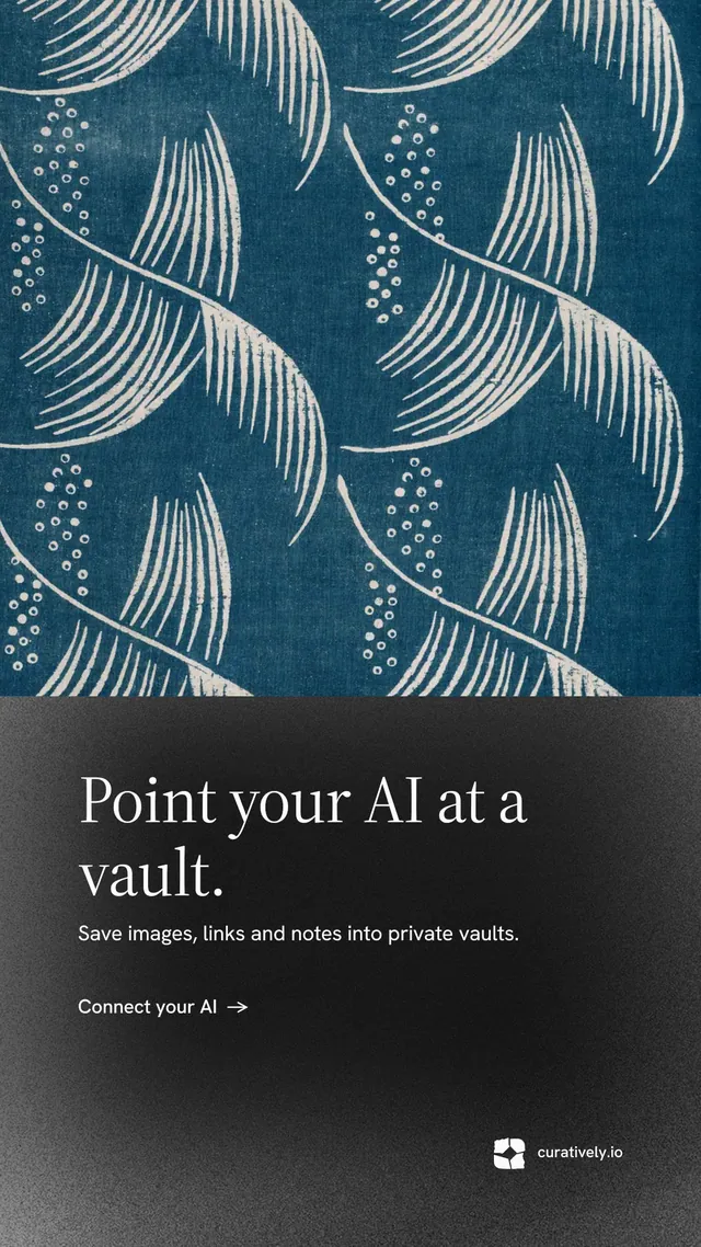Instagram story for Curatively: "Point your AI at a vault." Minimal luxury style, bottom layout, dark palette in blue, black, grey.