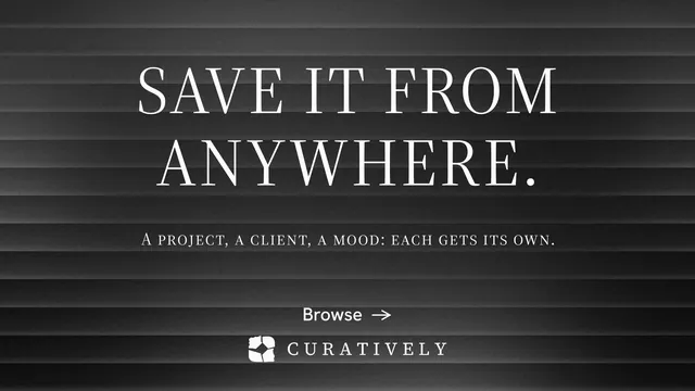 Landscape graphic for Curatively: "Save it from anywhere." Minimal luxury style, smallcaps layout, dark palette in black, grey.