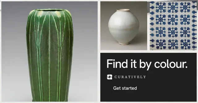 Social ad for Curatively: "Find it by colour." Swiss style, collage layout, light palette in grey, black, green.