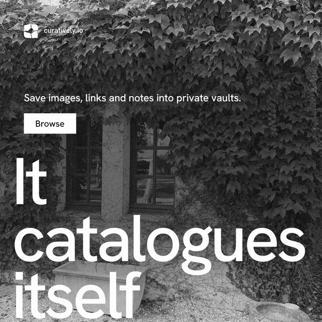 Instagram post for Curatively: "Keep what catches your eye." Swiss style, oversized layout, dark palette in grey, black.