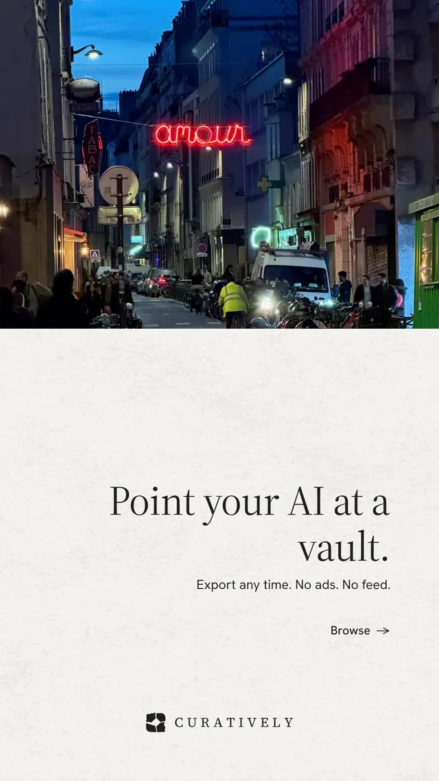 Instagram story for Curatively: "Point your AI at a vault." Minimal luxury style, right layout, light palette in purple, white, grey.