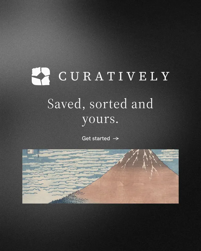 Instagram portrait post for Curatively: "Saved, sorted and yours." Minimal luxury style, logo hero layout, dark palette in grey, black.