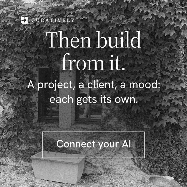 Instagram post for Curatively: "Then build from it." Editorial style, skeleton layout, dark palette in grey, black.