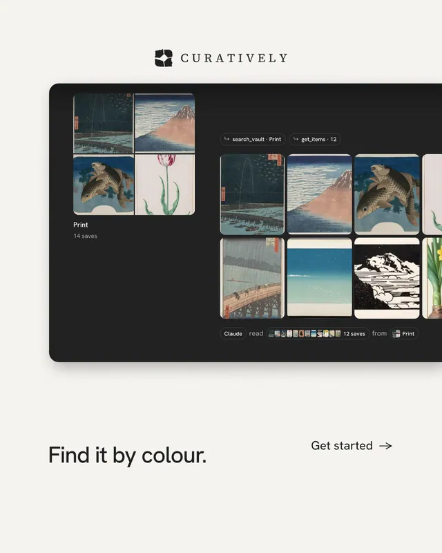 Instagram portrait post for Curatively: "Find it by colour." Minimal luxury style, image led layout, light palette in white, black, grey.