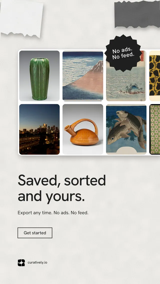 Instagram story for Curatively: "Saved, sorted and yours." Editorial style, sticker layout, light palette in white, grey.