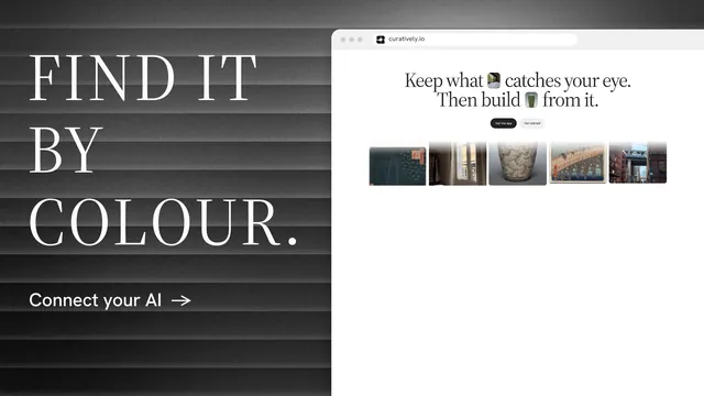 Landscape graphic for Curatively: "Find it by colour." Minimal luxury style, browser layout, light palette in white, grey, black.