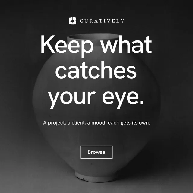 Instagram post for Curatively: "Keep what catches your eye." Editorial style, centred layout, dark palette in black, grey.