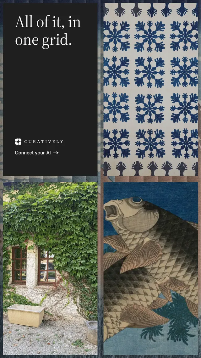 Instagram story for Curatively: "All of it, in one grid." Minimal luxury style, collage layout, dark palette in black, grey.
