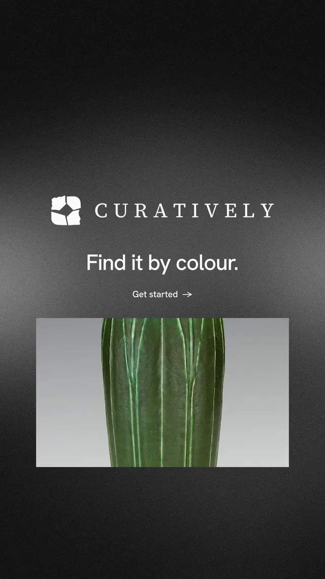 Instagram story for Curatively: "Find it by colour." Minimal luxury style, logo hero layout, dark palette in black, grey.