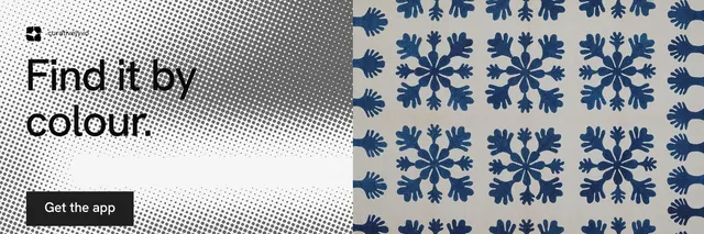 X header for Curatively: "Find it by colour." Split block style, bottom layout, light palette in grey, blue, white.