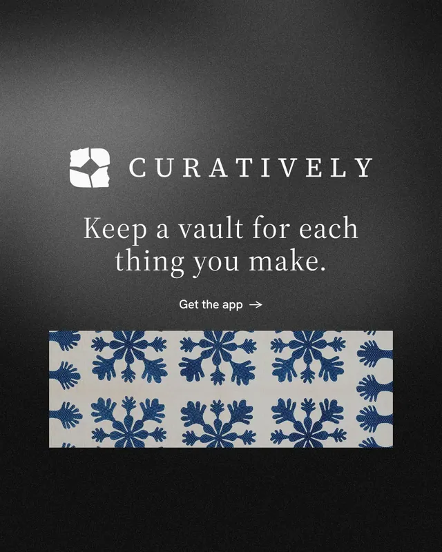Instagram portrait post for Curatively: "Keep a vault for each thing you make." Minimal luxury style, logo hero layout, dark palette in black, grey.