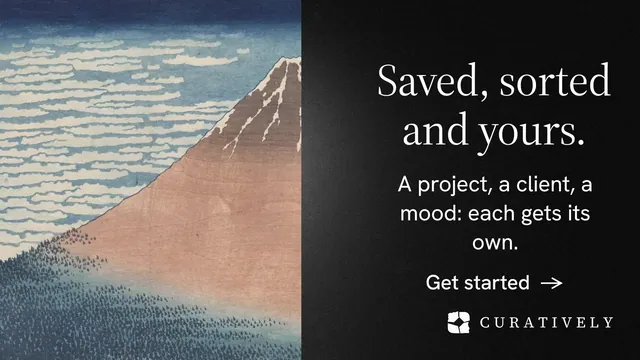 Landscape graphic for Curatively: "Saved, sorted and yours." Minimal luxury style, skeleton layout, dark palette in grey, black.