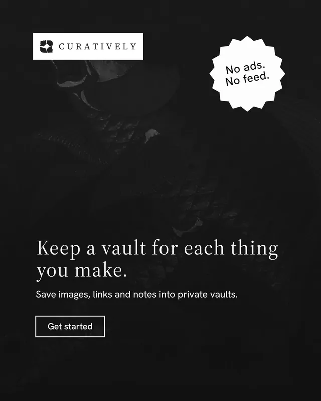 Instagram portrait post for Curatively: "Keep a vault for each thing you make." Editorial style, sticker layout, dark palette in black, grey.