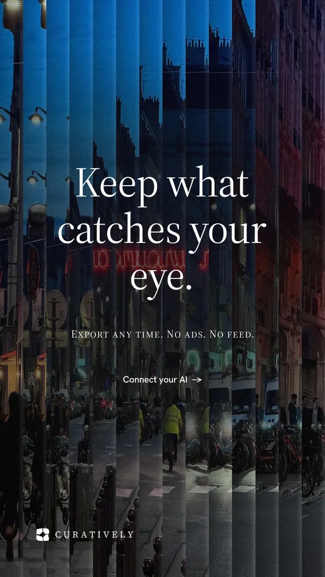 Instagram story for Curatively: "Keep what catches your eye." Minimal luxury style, smallcaps layout, dark palette in black, blue.