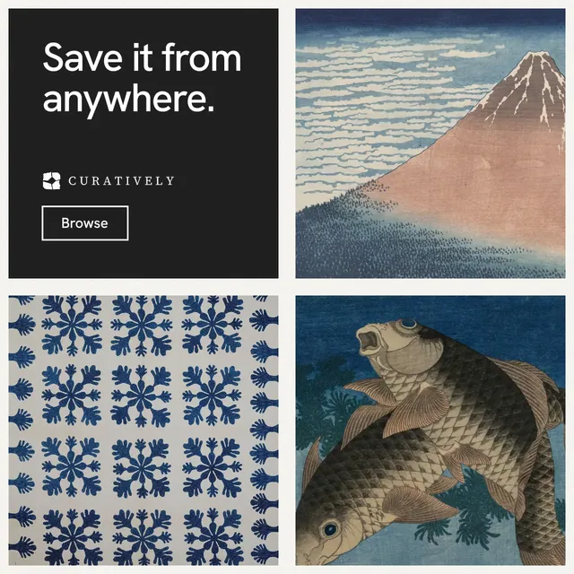 Instagram post for Curatively: "Save it from anywhere." Editorial style, collage layout, light palette in black, grey, white.