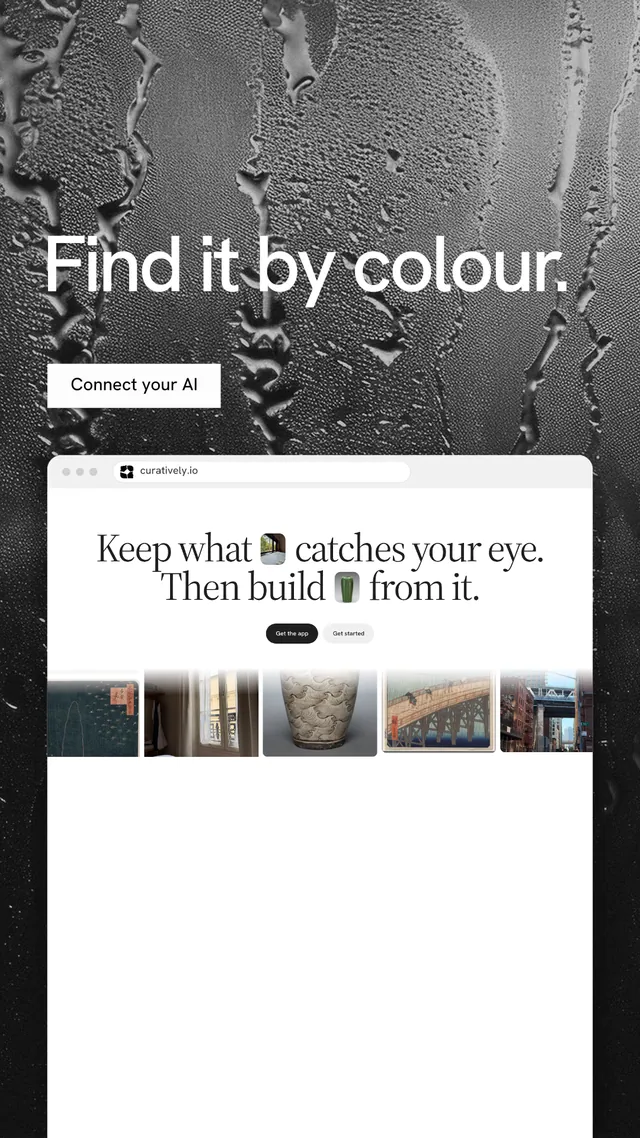 Instagram story for Curatively: "Find it by colour." Swiss style, browser layout, light palette in white, grey, black.