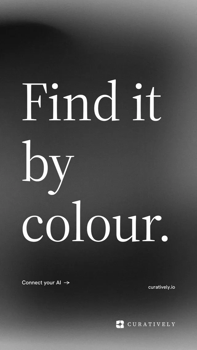 Instagram story for Curatively: "Find it by colour." Minimal luxury style, poster layout, dark palette in grey, black.