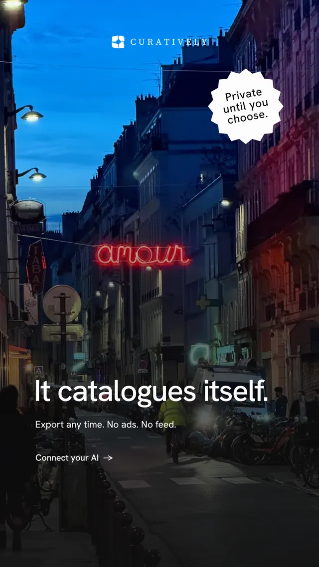 Instagram story for Curatively: "It catalogues itself." Minimal luxury style, sticker layout, dark palette in black, blue, pink.