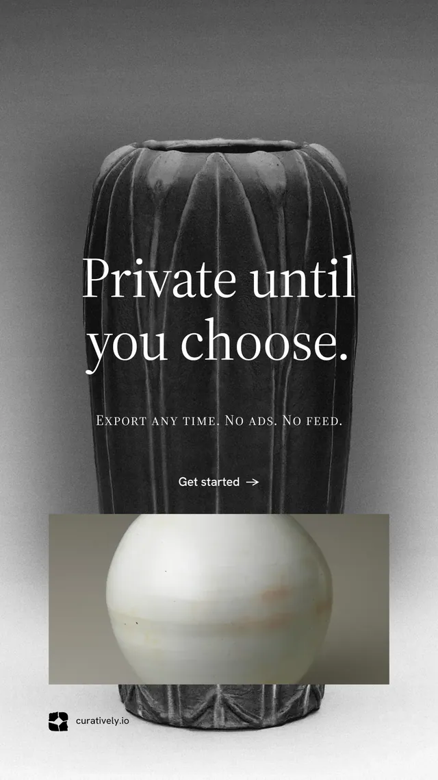 Instagram story for Curatively: "Private until you choose." Minimal luxury style, smallcaps layout, light palette in grey, black, white.
