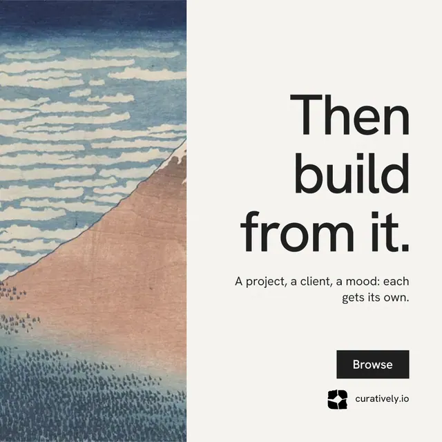 Instagram post for Curatively: "Then build from it." Swiss style, right layout, light palette in white, grey.