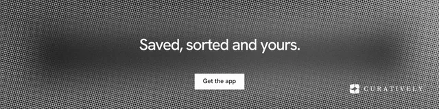 LinkedIn banner for Curatively: "Saved, sorted and yours." Swiss style, centred layout, dark palette in grey.
