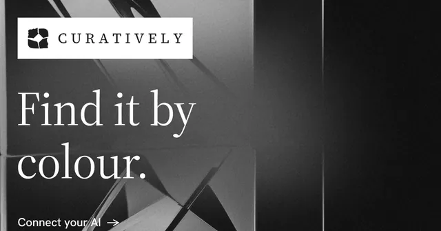 Social ad for Curatively: "Find it by colour." Minimal luxury style, announce layout, dark palette in black, grey.